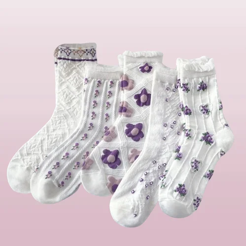 Calcetines de tubo medio para mujer, medias de encaje, estilo coreano, transpirables, a la moda, Retro, Floral pequeño, 2024 pares, novedad de verano, 5/10