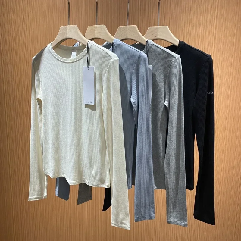 

@LO Yoga Long Sleeve T-Shirt Women's New Threaded Knitted High Elastic Bottom Slim Skinny Casual Sports Top