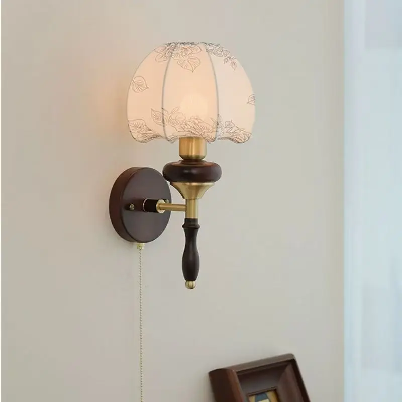 Medieval Retro Wall Lamps Chinese Wood Bedside with Switch Fabric Lampshade Living Room Bedroom Aisle Restaurant Ancient Sconces