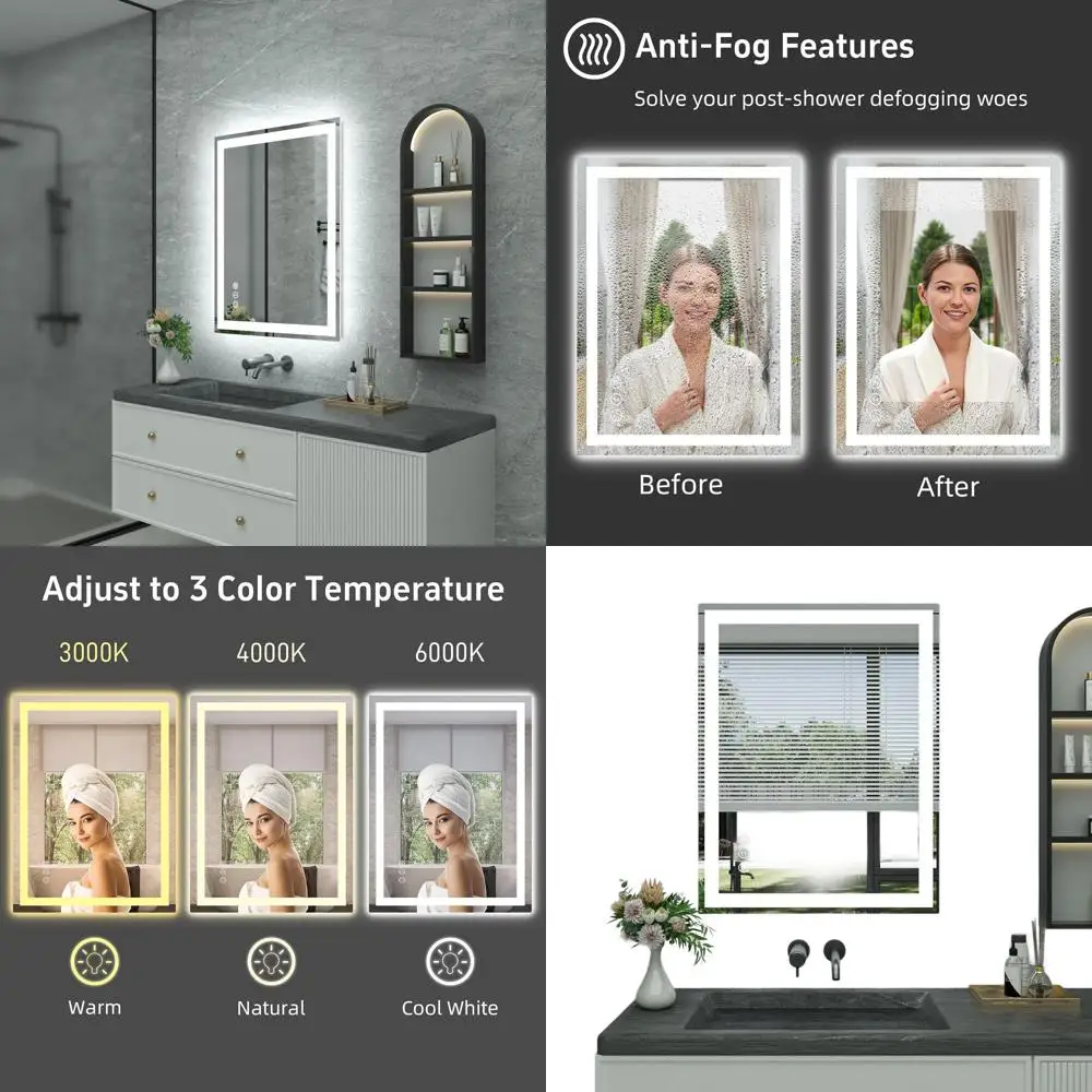 Miroir de salle de bain LED, 36 x 28 avec antibuée, rétroéclairage 3 couleurs à intensité variable, miroir de courtoisie mural