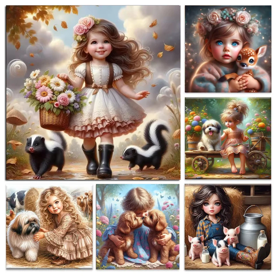 5D Diamond Painting Cross Stitch Little Girl and Dog Diy Full Drill Mosaic Embroidery Animal Deer Pig Picture Home Decoration
