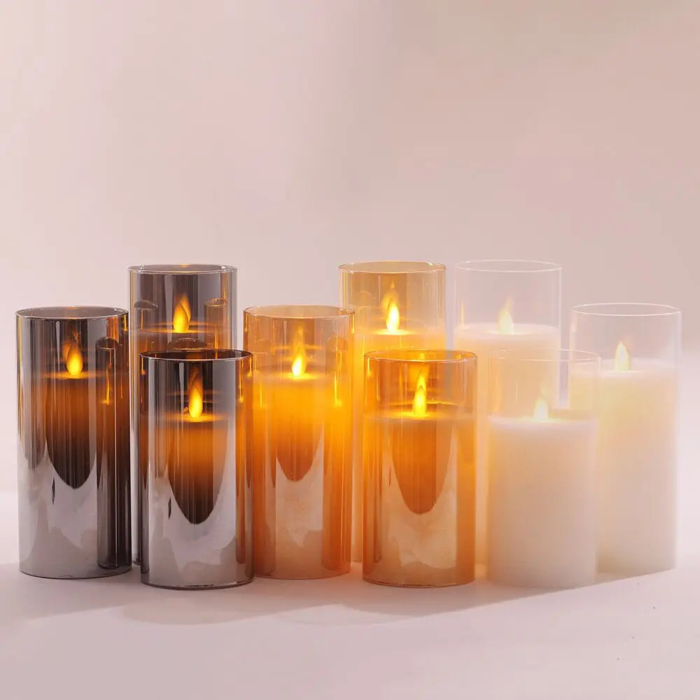 

Flameless Led Glass Candle Paraffin Real Wax Pillar canldes Light w/Remote Control&Timer Home Party table Ambient Lighting Decor