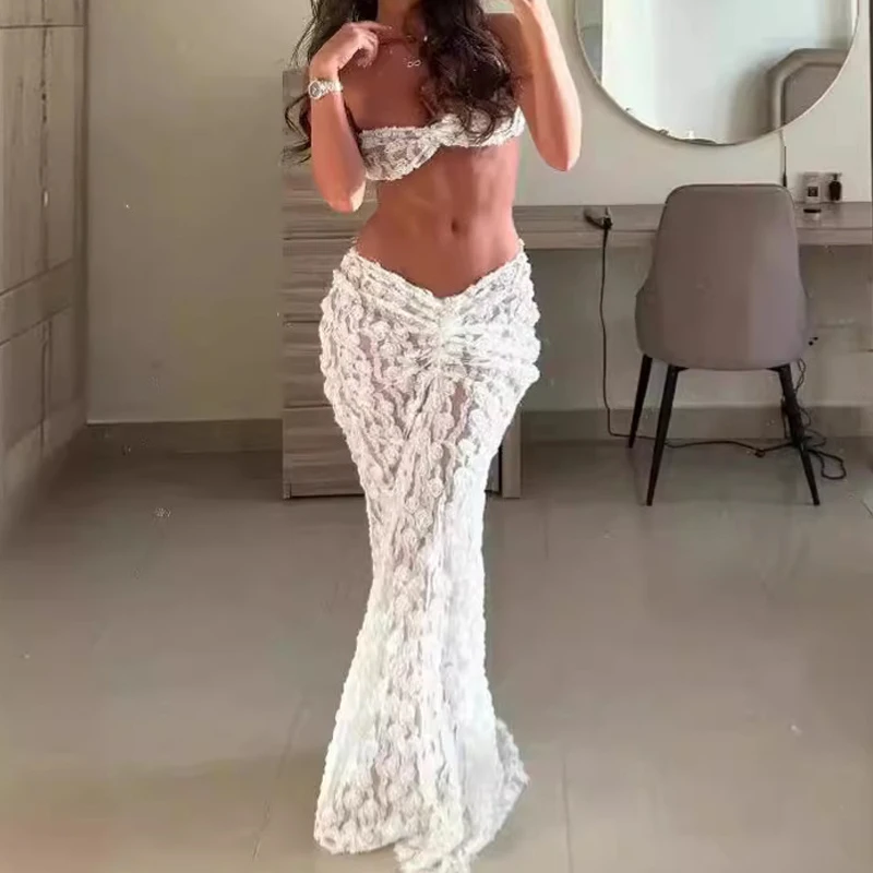 

White Lace Women 2 Piece Sets Sleeveless Cropped Tops with Long Skirts Outfits Summer Off Shoulder Slim Mermaid Suit Beachwear