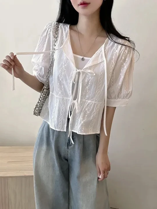 

Summer Chic Women's ort Sve Chiffon irt with Lace Hook Flower Tie Korean Sle Loose Fit V-Ne Open Cardigan Top
