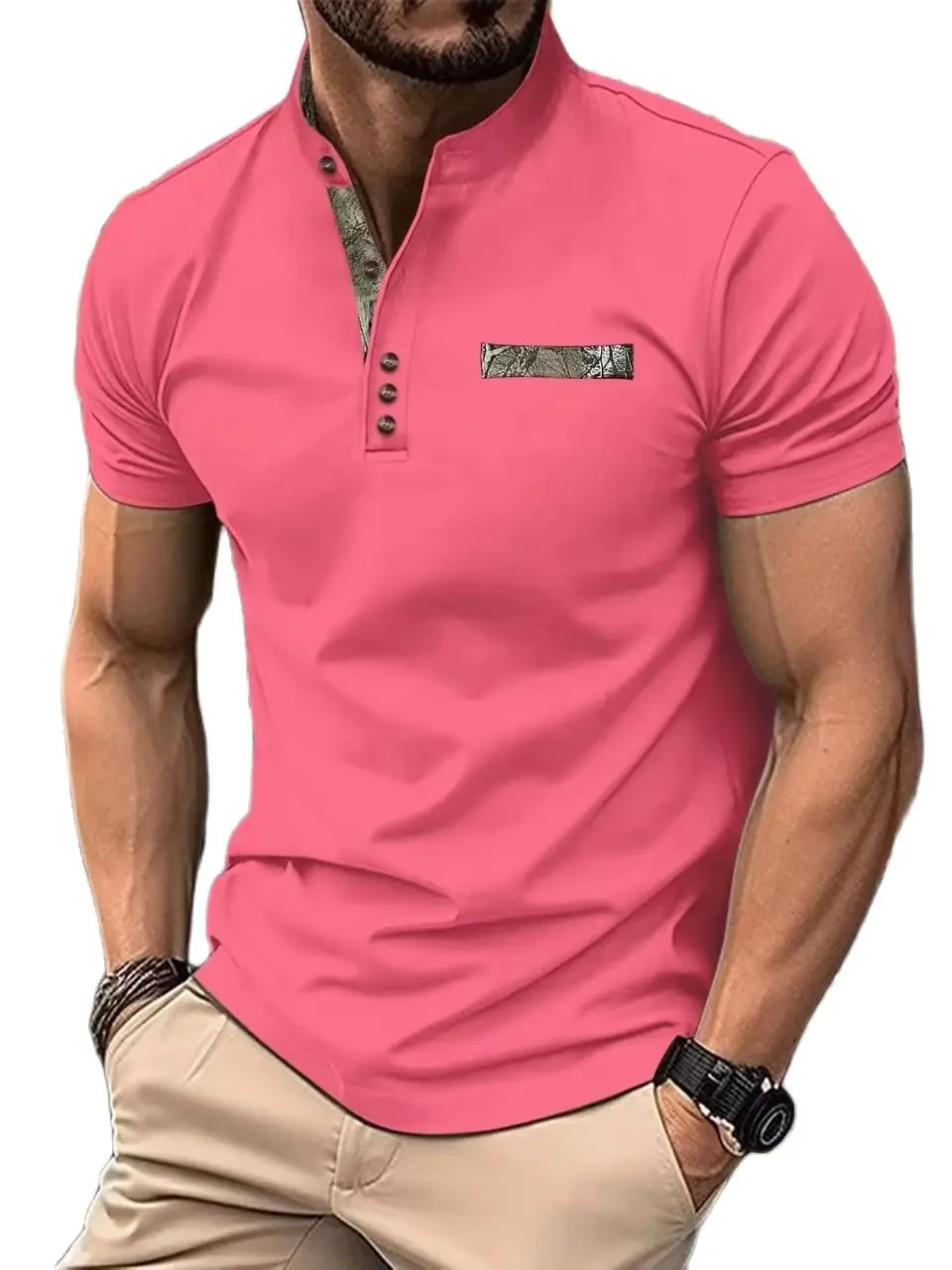 Men 10%cotton Henley casual fashionable breathable retro top with boat neck retro style forspring summer high-quality commercial