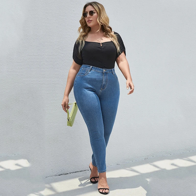 Imagem -04 - Calça Jeans Lápis Elástico de Cintura Alta Feminina Azul Claro Fino Comprimento Total Curva para Mãe 120kg Verão 6xl 8xl