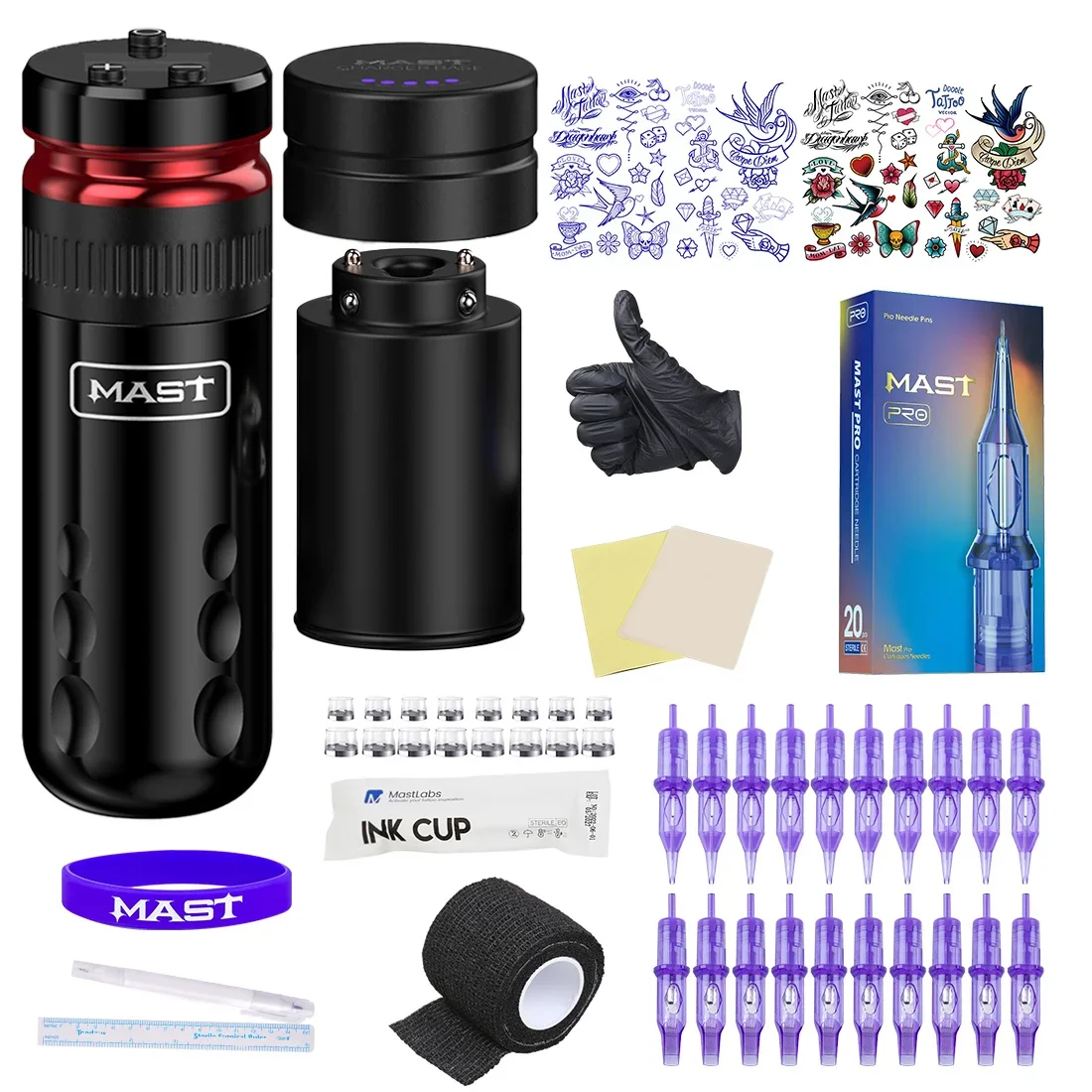 

Mast Racer Tattoo Machine Gun Kit Brushless Motor 2 Batteries Charging Dock with Mast Pro Cartridges Needles 20Pcs Complete Set