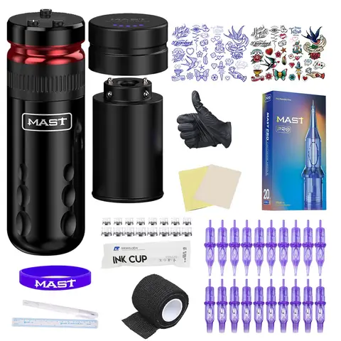 Mast Racer Tattoo Machine Gun Kit Brushless Motor 2 Batteries Charging Dock with Mast Pro Cartridges Needles 20Pcs Complete Set