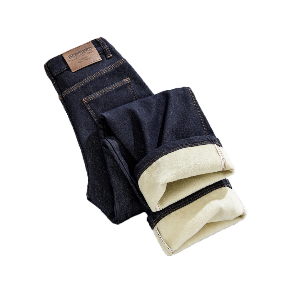 冬用 Y2K ハイウエスト ワイドレッグパンツ レディース 厚手フリース裏地 ディープブルー スリムフィット ストレートジーンズ