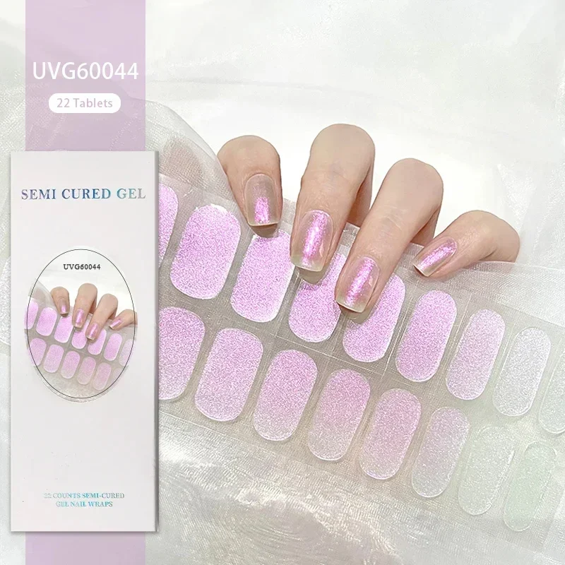 Tira adhesiva de uñas de Gel semicurado Auroras, lámpara UV/LED, purpurina curada, envolturas de esmalte de uñas de Gel, calcomanías de cubierta completa, 22 puntas por hoja