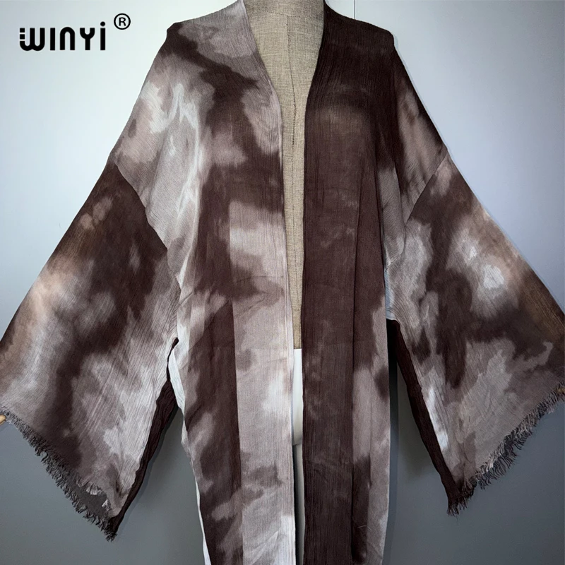 WINYI new Women's Boho Long Sleeve Cardigan Muslim Abaya Tie-Dye Kimono Print Luxury Dubai Style Cover up Kaftan Dress 2