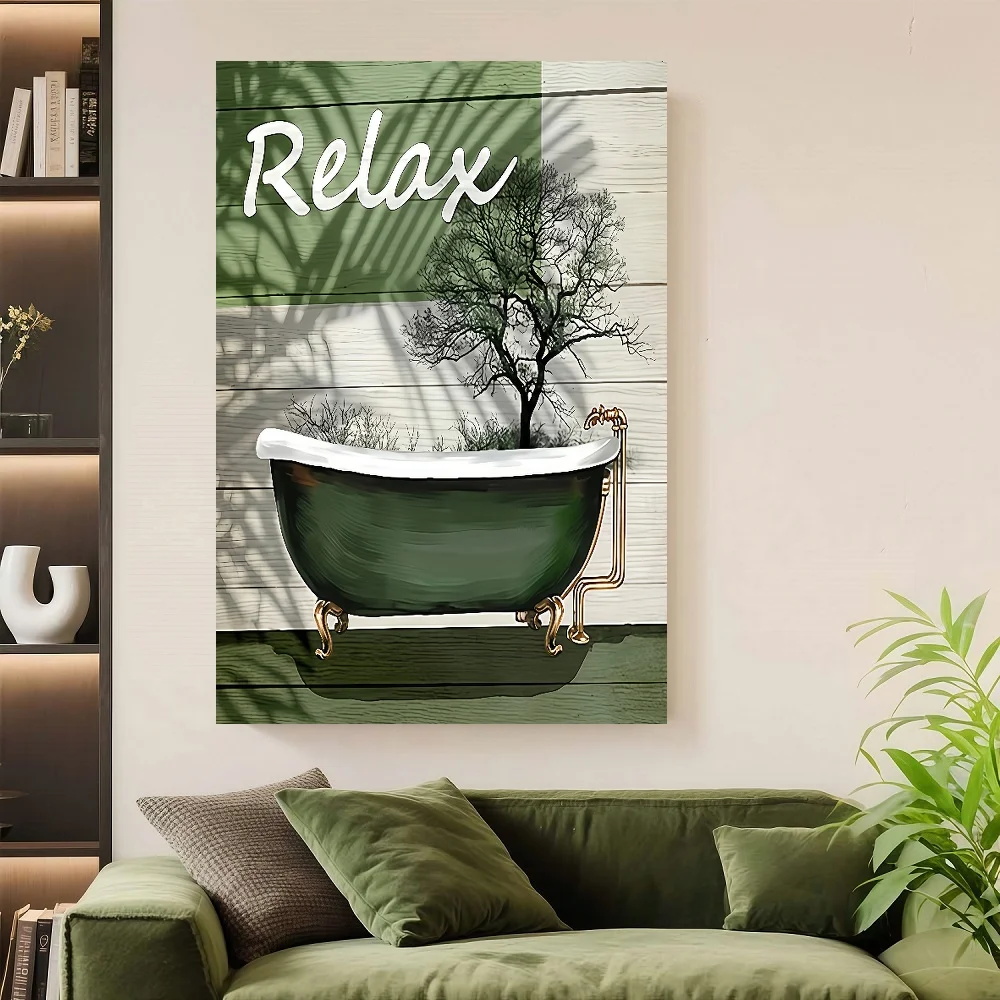 Conjunto de arte en lienzo para baño con marco, color verde Serenity - "Relax", "Soak", "Relax" con estampado de hojas de plantas - Marco de pino, tinta sobre lienzo