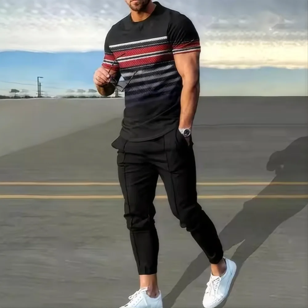 حار بيع الرجال الموضة الجديدة رسالة مطبوعة تنفس ومريحة جولة الرقبة تي شيرت وسراويل مجموعة ملابس غير رسمية في الهواء الطلق