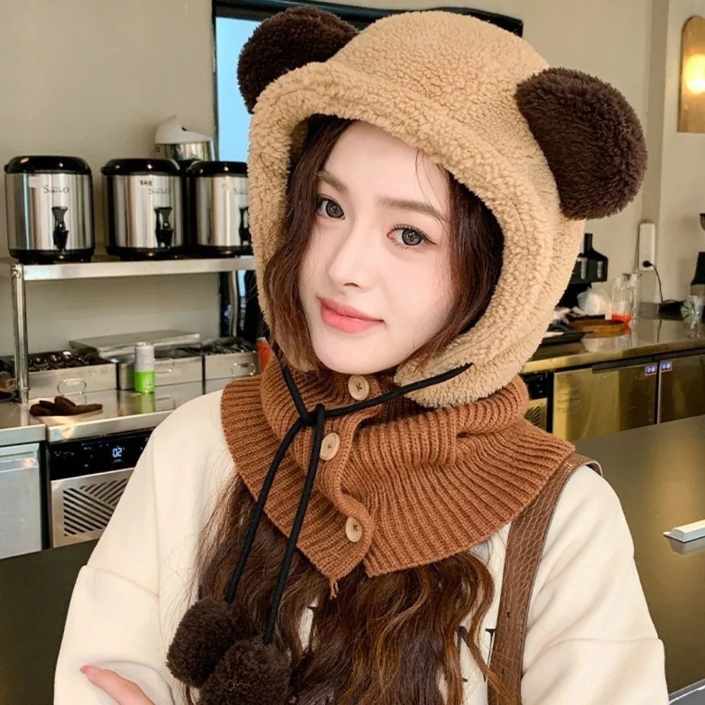 Cute Korean Style Bear Ear Balaclava Hat Solid Color Windproof Knit Hooded Hat Scarf Keep Warm Ear Protection Hat Girls