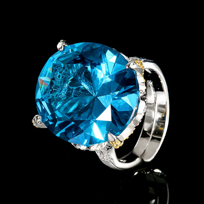 

Adjustable Oval Cut Red Blue Giant Gemstone Ring Luxury Two Tone Statement Cocktail Ring Crystal Accents Fashion Jewelry Gift