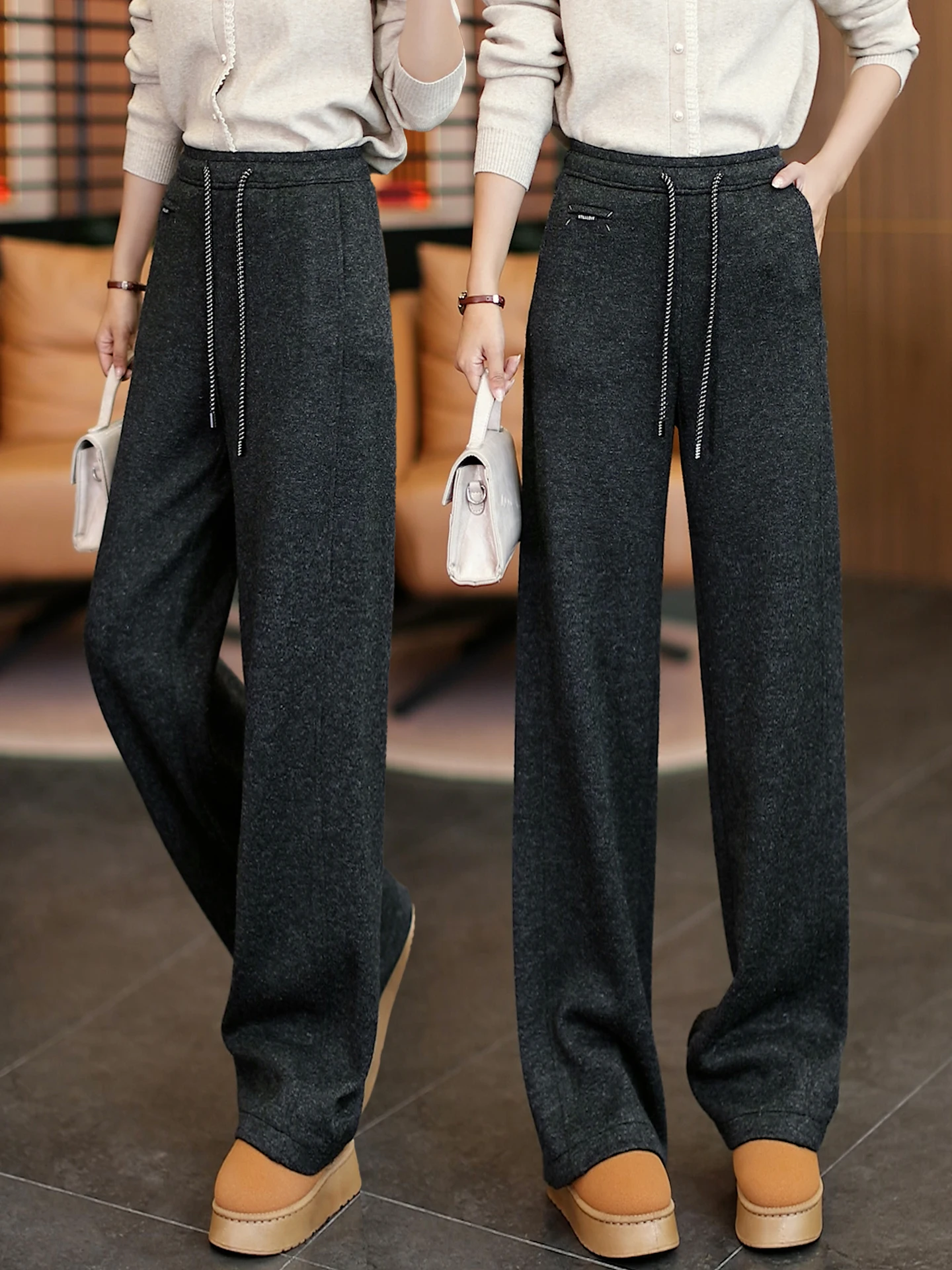 

Шерстяные брюки с высокой талией и флисовой подкладкой, широкие брюки прямого кроя для женщин, повседневные свободные брюки, осенне-зимняя новинка