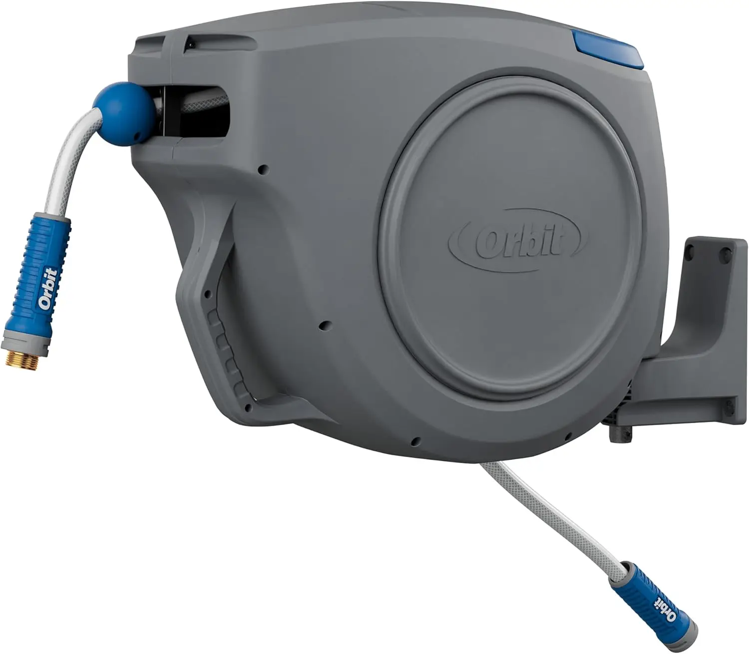 

Orbit Auto-Retractable Garden Hose Reel 100 ft x 5/8 in Heavy-Duty 180° Swivel Mount 500 PSI Burst Strength