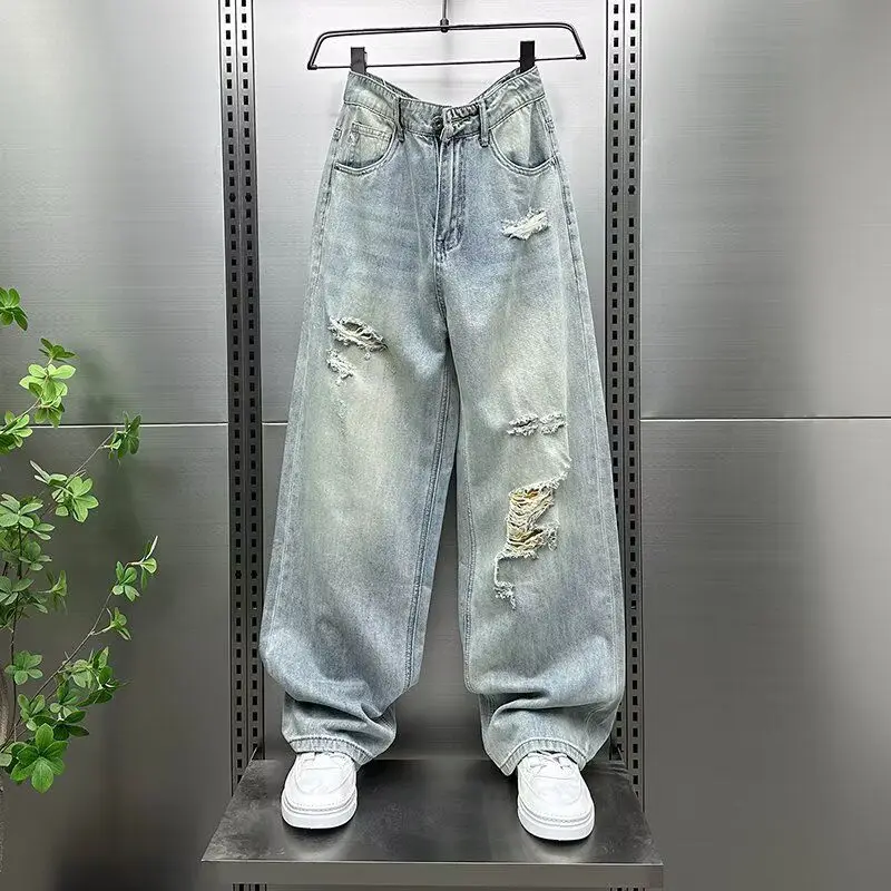 

Мужские джинсы Waed Distred American Street Sle, свободные прямые брюки High Street Vibe Wind, длинные брюки, летние с низкой талией