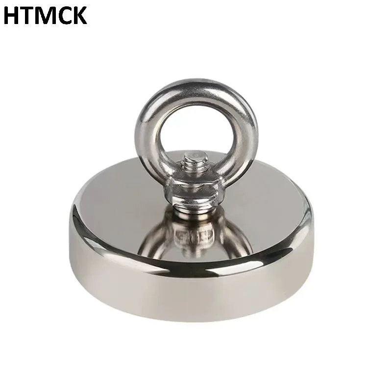 HTMCK Heavy Duty Neodymium Fishing Magnet with A3 steelEyebolt, Strong Pull Force Round Recovery Magnet