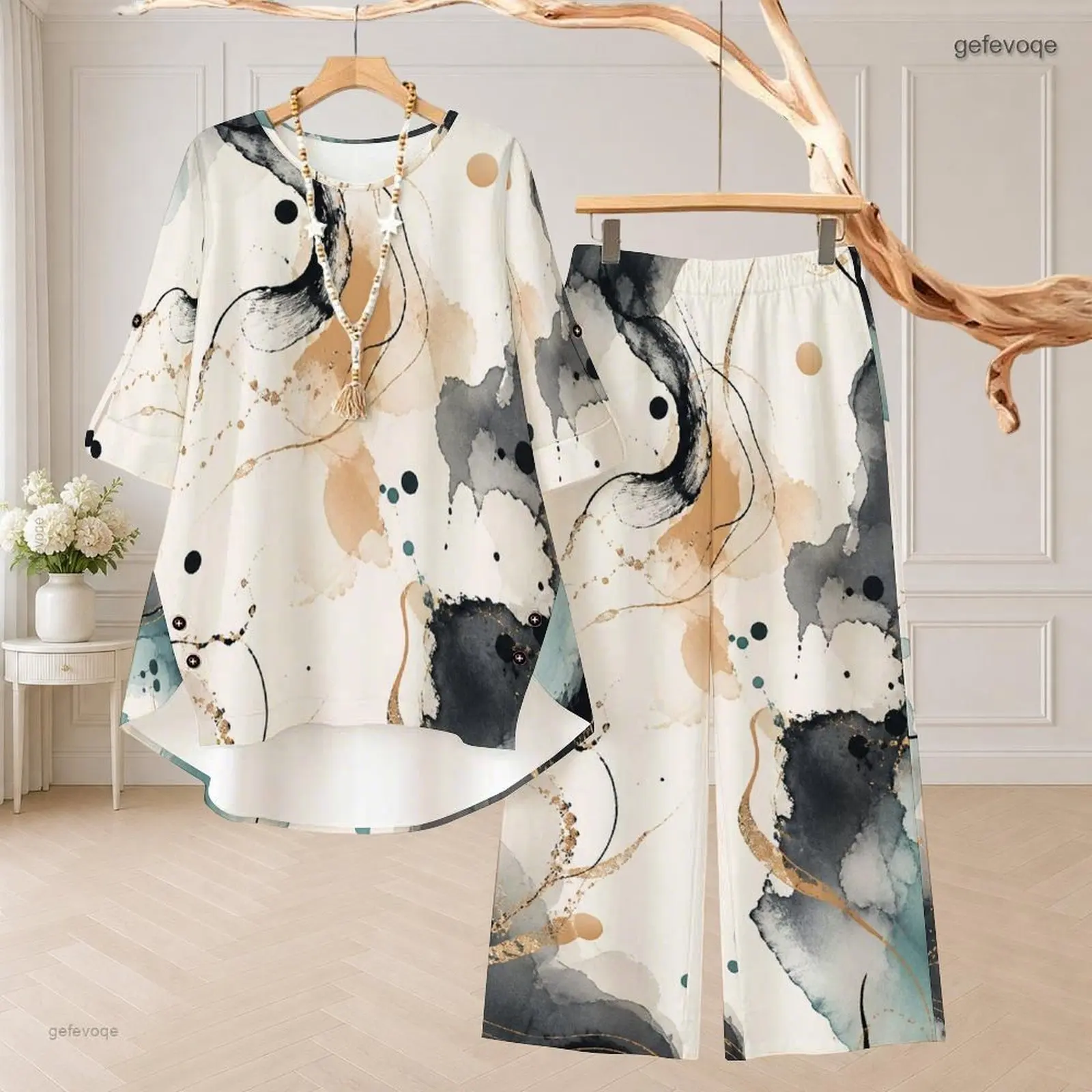 Women Abstract Ink Watercolor Printed Round Neck 3/4 Sleeve Top and Long Pants Two Piece Set
