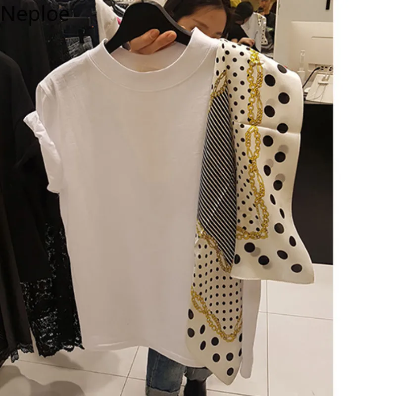 Neploe Polka Dot Scarf Patchwork Summer 2024 Women Top New Fashion O-Neck Short Sleeve Tees Korean Chic Loose T Shirts 43392