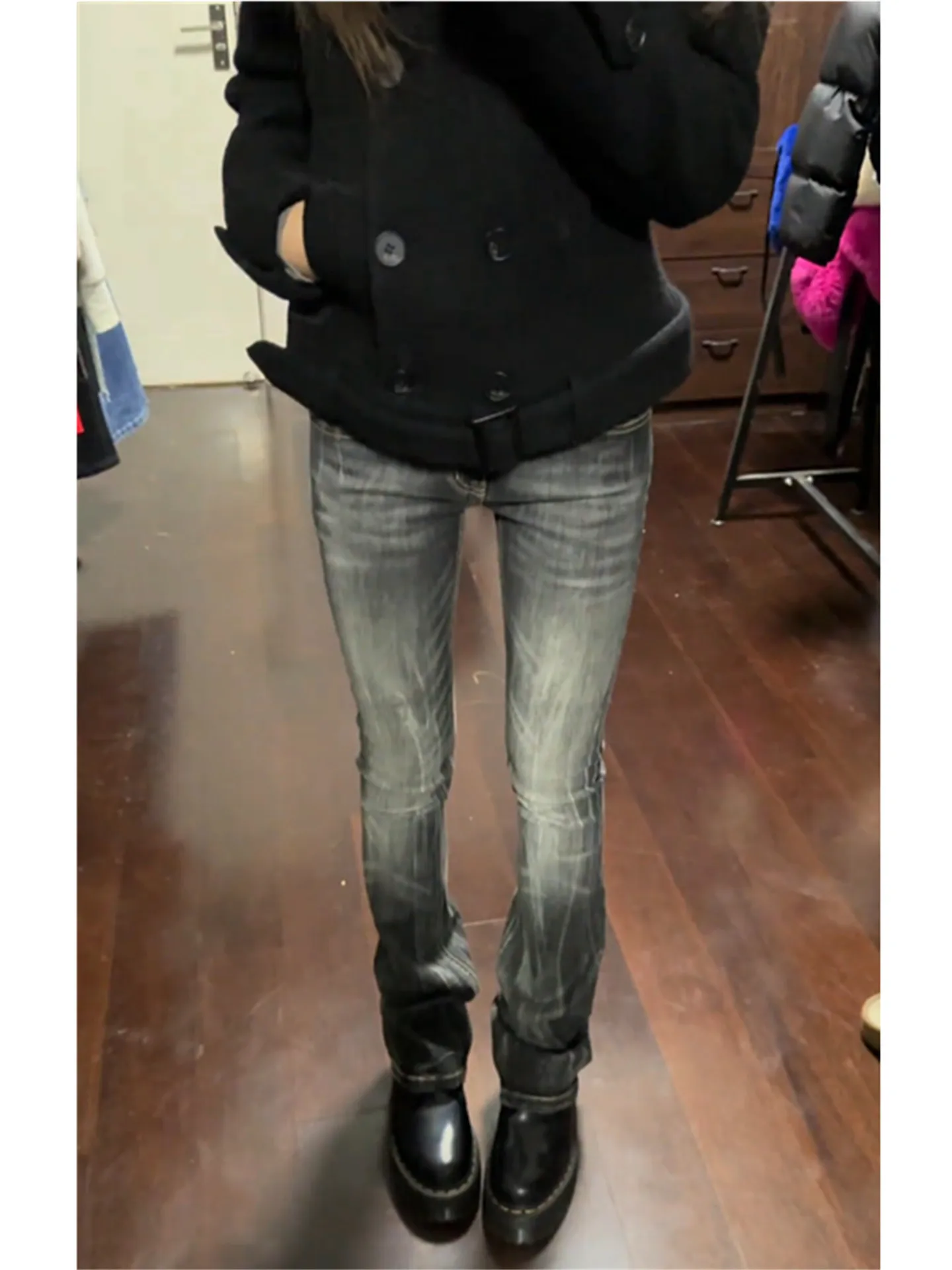 

Low Waist Bell Bottom Denim Jeans Women's Autumn Winter Slimming Graduated Vintage Straight Leg Floor-Length Pants