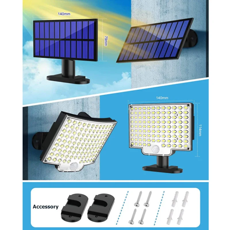 Solar Lamp Light Super Bright Outdoor106LED IP65 Waterproof 4 Working Modes Motion Sensor Strong Power Garden Light Garage Light