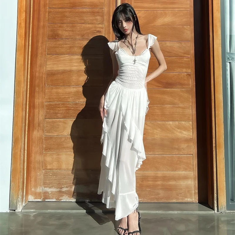 

Xeemilo Elegant Lace Perspective Dress 2024 Summer Sleeveless Ruffled Slim Fit Evening Dress Party Nightclub Sexy Dress