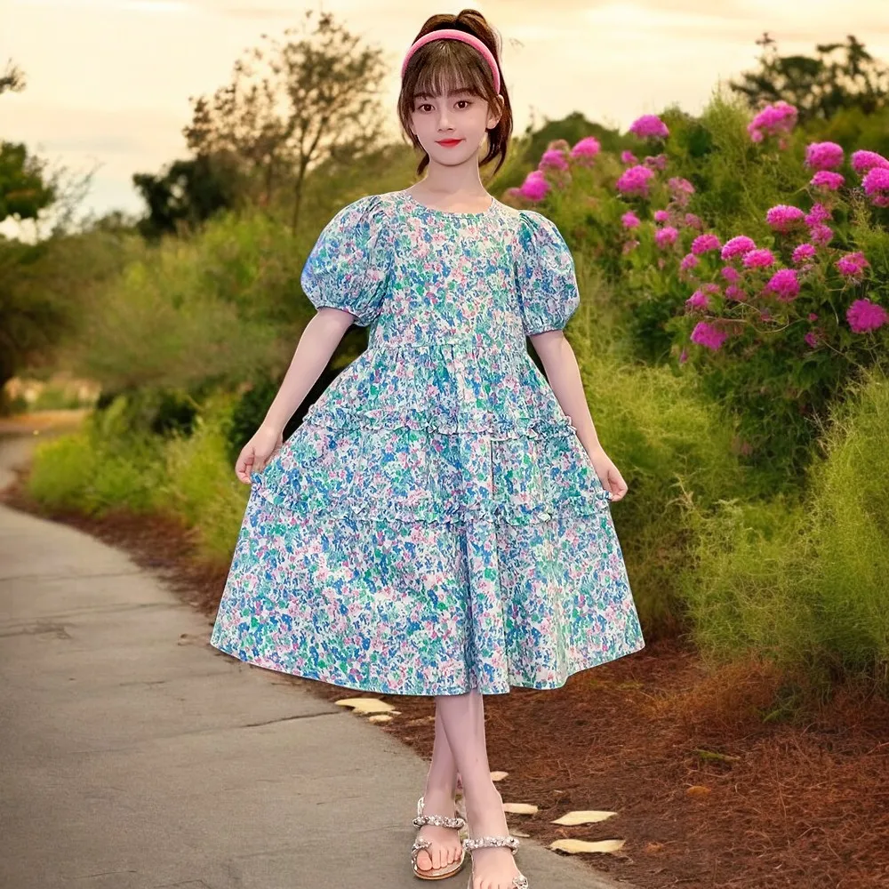 Summer Teens Girls School Outfits Kids Lace Dresses for Baby Flower Dress Short Sleeve Children Party Costumes 6 7 8 10 12 Years