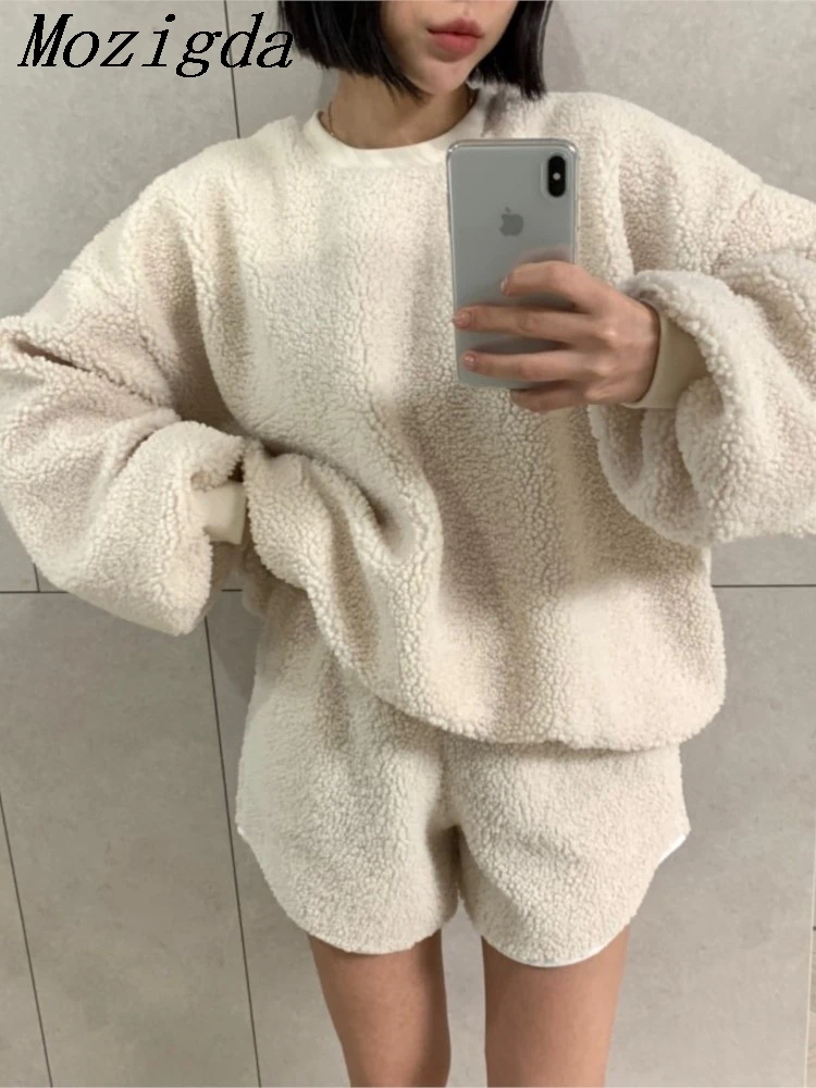 

Autumn Winter Korean Style Sweater Two 2 Piece Set Women Vintage Pullover Fur Teddy Tops + Casual Shorts 2 Piece Outfits Female