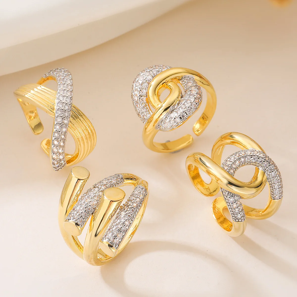 31styles Luxury AAA Cubic Zirconia Inlay Copper Wedding Jewelry Gold Color Statement Geometric Rings For Elegant Women
