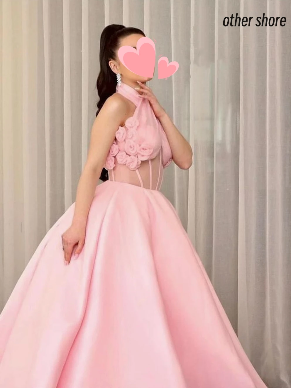 Other Shore Elegant Vintage Sweet Pink Flowers Princess V-Neck A-Line Customize Formal Occasion Prom Dress Evening Party Gowns