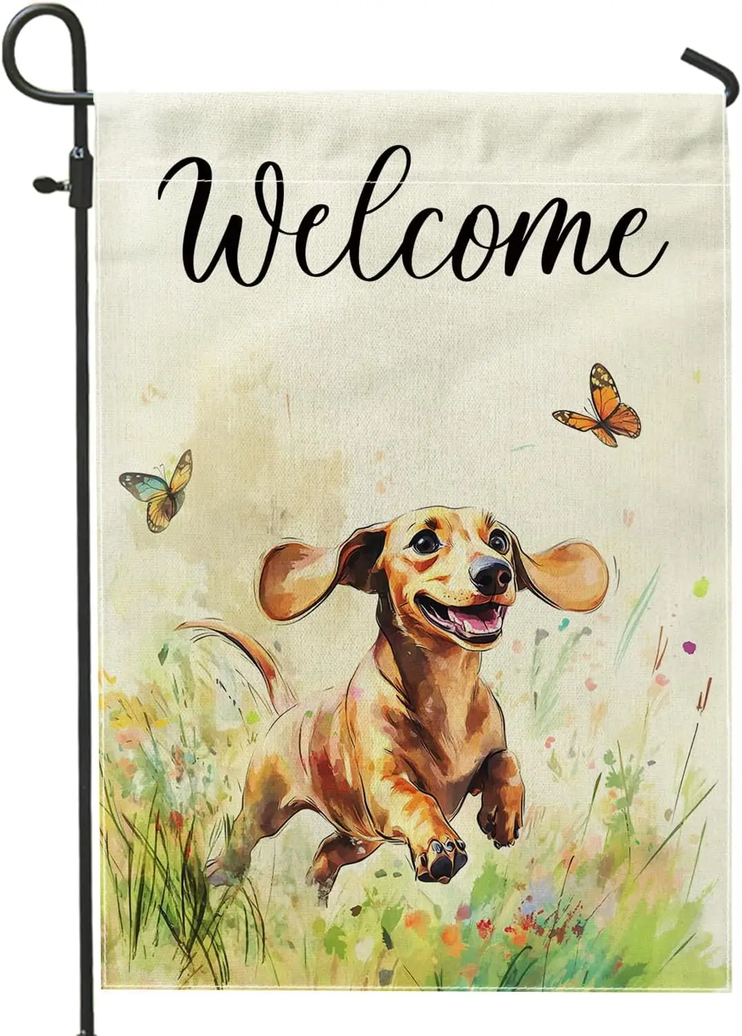 Spring Dachshund Dog Garden Flags 12x18 Inch Double Sided for Outside, Watercolor Flower Plant Standard Burlap Lawn Flags, P yyi