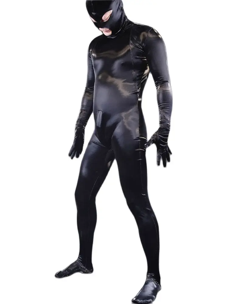 Wet Look Catsuit Elastic PU Leather Bodystocking Tights Full Coat Zentai Zip Open Crotch Convex Pouch Jumpsuit Cosplay Bodysuit