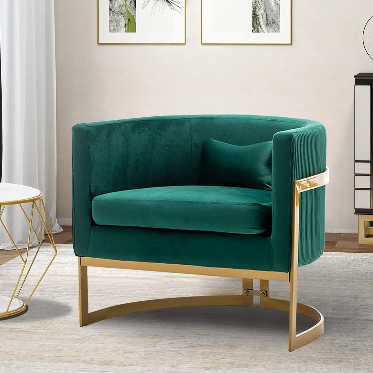 Velvet Accent Chair Green Modern Upholstered Barrel Chair, Wide Arm Chairs for Living Room Bedroom Club Side Chairs with Gold