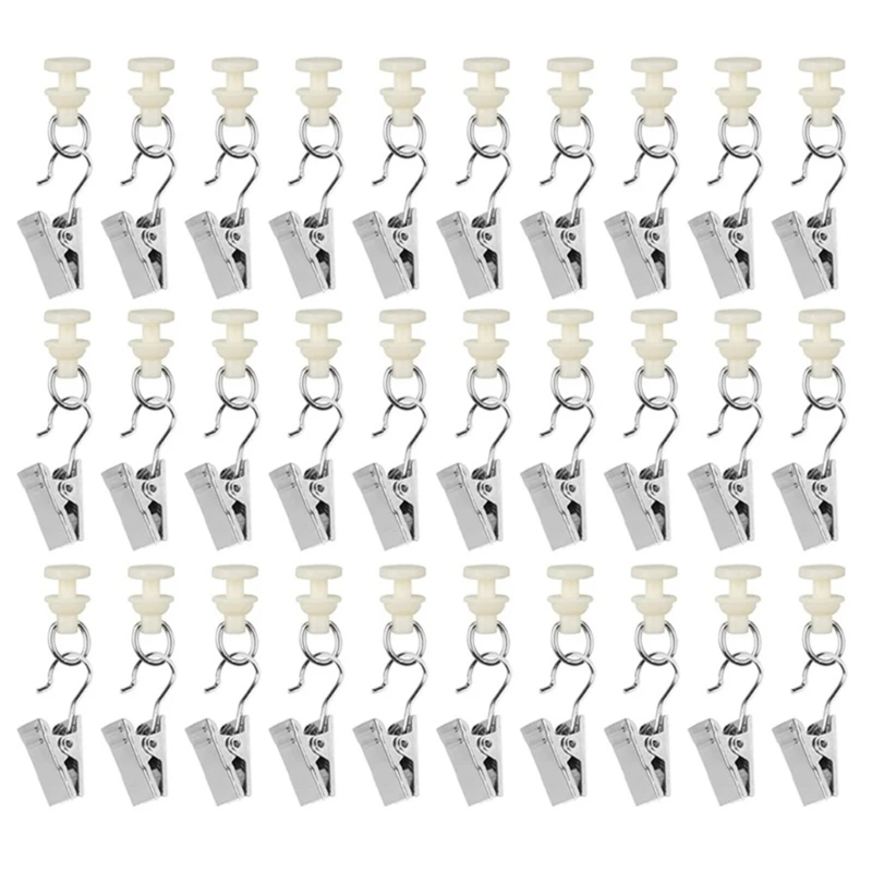 1set Shower Curtain Pulley Clamps 30pcs Iron Hooks+30pcs Gliders Metal Curtain Hooks for Drapery Rails Smooth Glidings