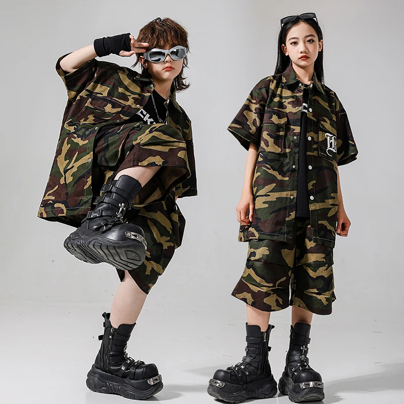 Mädchen Hip Hop Kleidung Camo Hemd Shorts Outfit Jungen Street Dance Jacke Kind Jazz Sommer Kleidung Sets Kinder Streetwear Kostüme