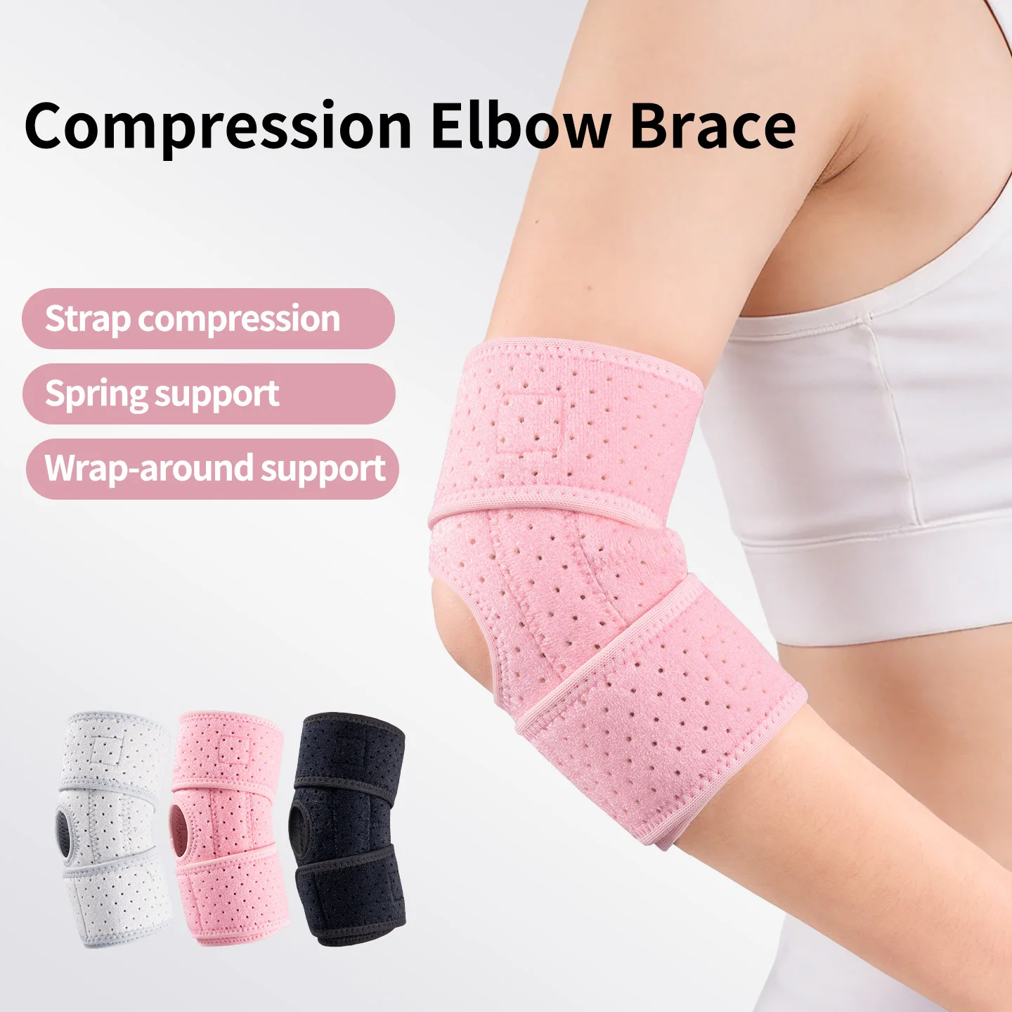 Breathable full-wrap elbow support band with adjustable straps and spring support