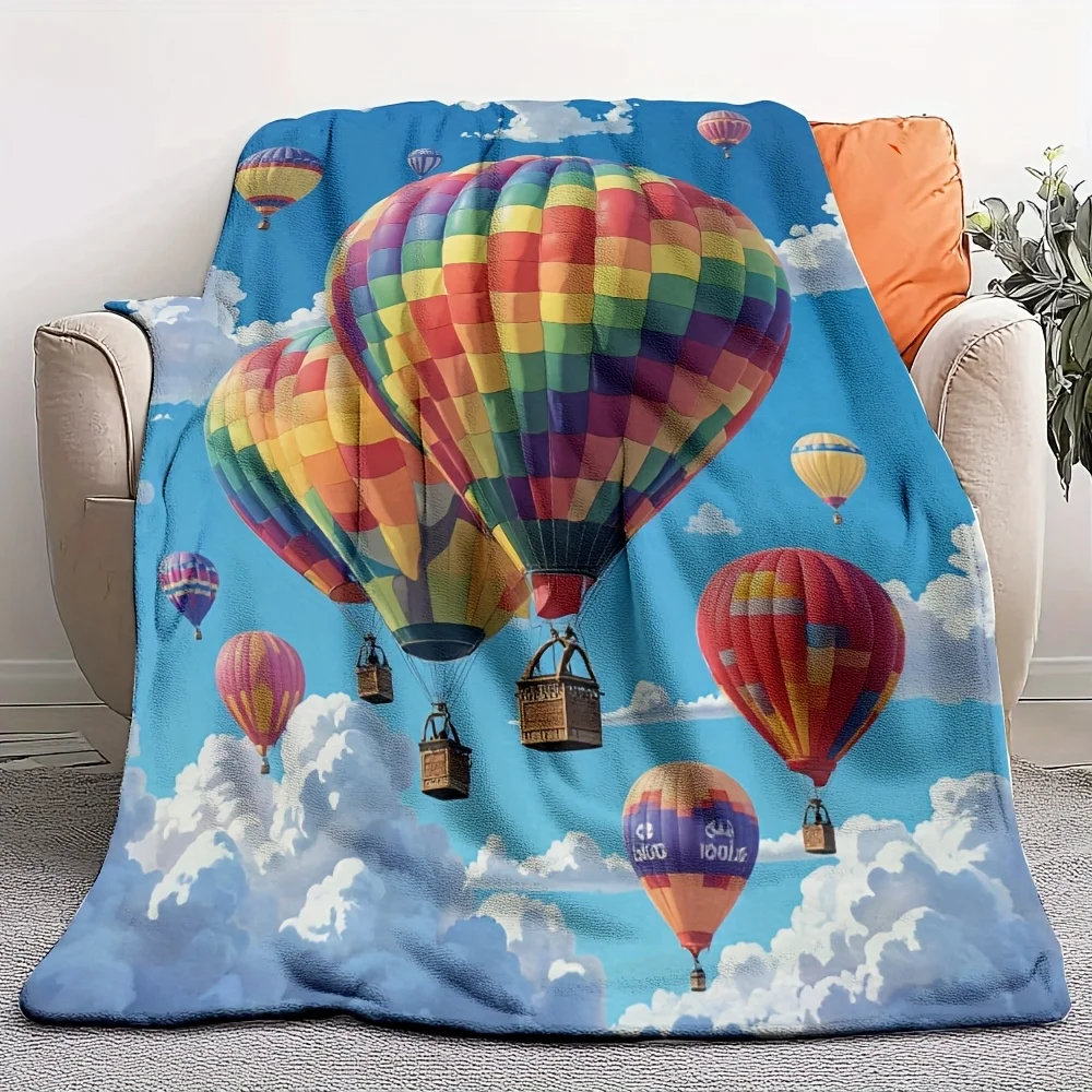1pc Warm Soft Flannel Throw Blanket - Vibrant Hot Air Balloon Fiesta Print with Multicolor Balloons & Rainbow Sky, All-Season