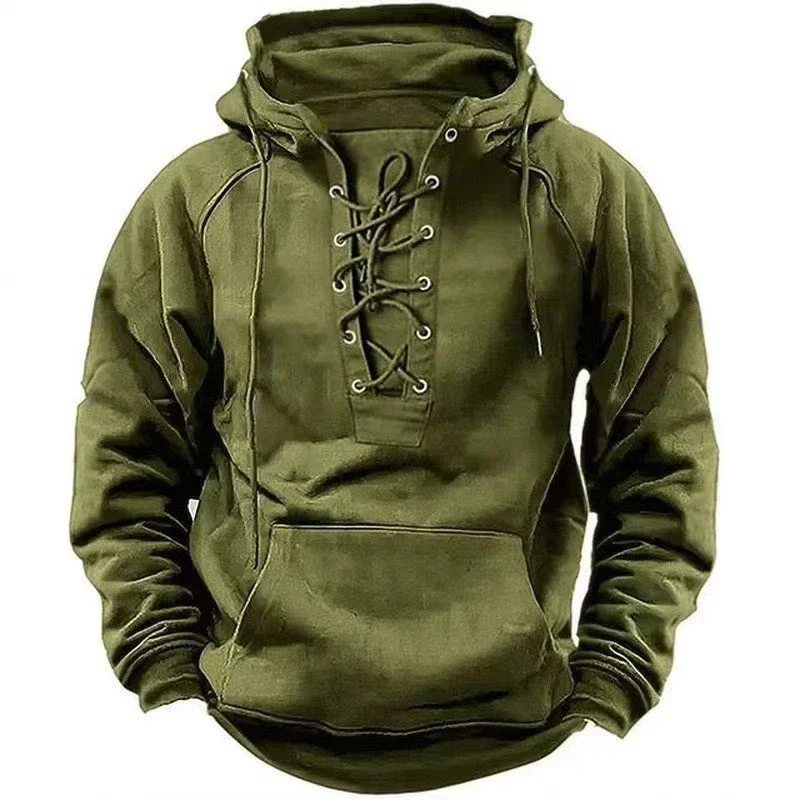 2024 Autumn Lace-up Drawstring Hooded Sweatshirt Men Vintage Solid Tactical Hoodies Male Pocket Casual Loose Pullover Streetwear