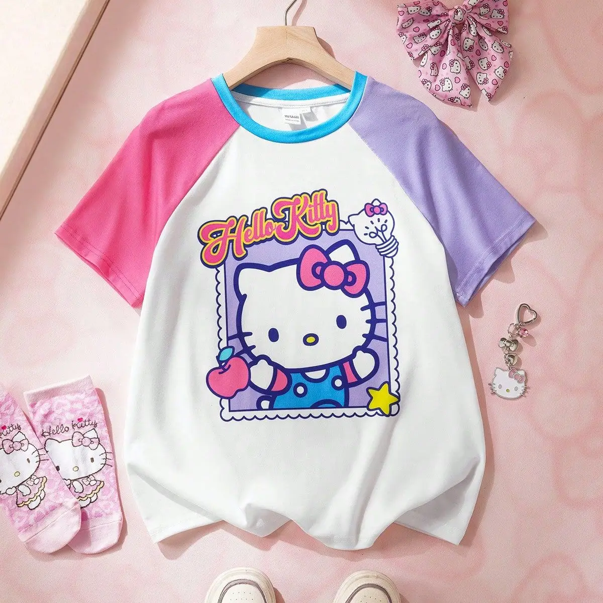 

2026 Latest Hello Kitty Kids 3D Printed Short Sleeve Family Set for Boys/Girls, Breathable Quick Drying Loose Short Sleeve Top