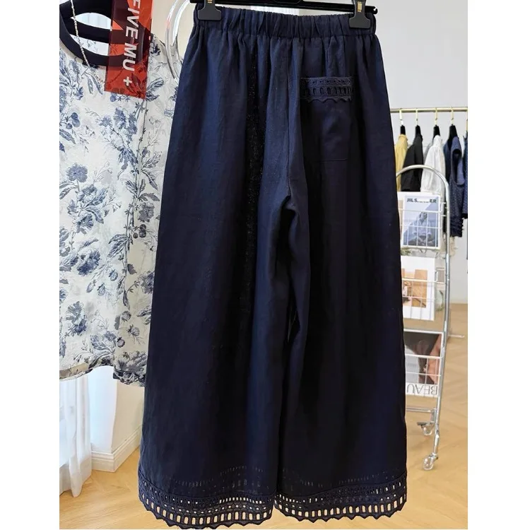 กางเกงลำลองเอวยางยืดผ้าฝ้ายลินินสำหรับผู้หญิง แต่งผ้าไหมลูกไม้ ทรงหลวม ขาตรง ขากว้าง ความยาวเก้าส่วน สีน้ำเงิน ผ้าบาง
