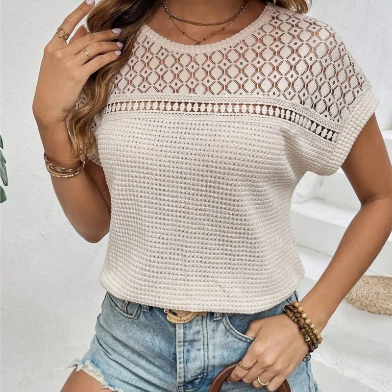 Women's Knitted Short Sleeve Top Summer Style Shoulder Mesh Hollow Breathable Round Neck Loose Versatile Short Sleeve T-shirt