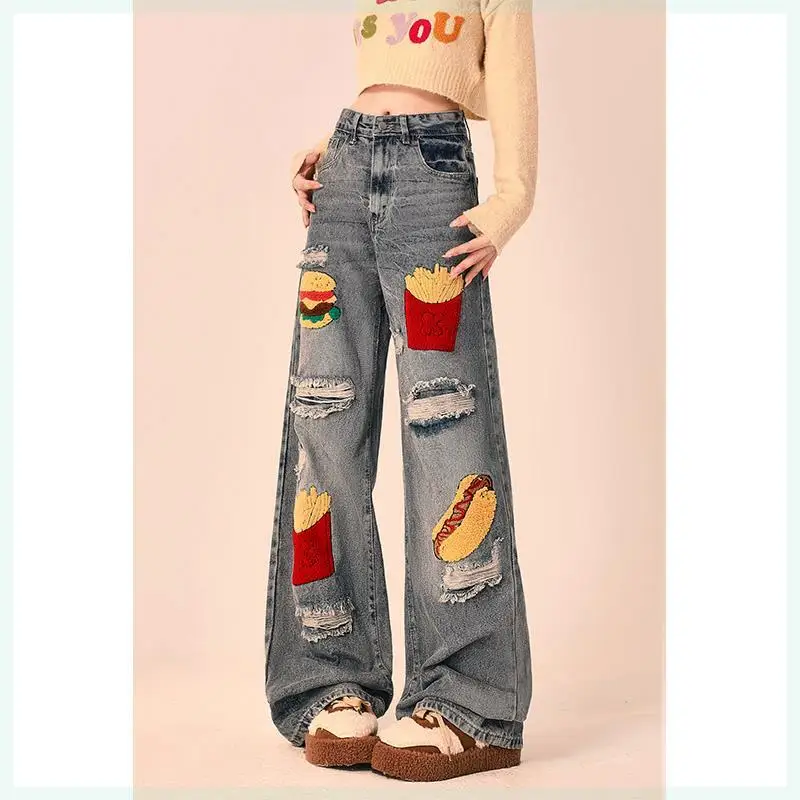 2025 Autumn and Winter New Design Burger Fries Patch Straight Jeans for Men and Women Loose and Versatile Wide-leg Pants