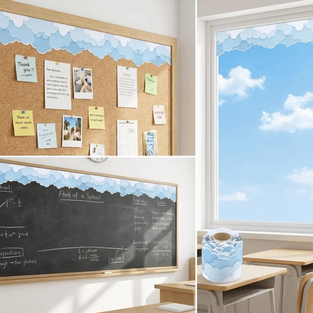 Copperplate Paper Black Board Border 4-Color Solid Cloud Pattern Self-Adhesive Border Wall Border Tape Removable