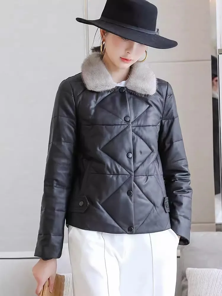 Winter Fashion Mink Collar Slim Fit Women Genuine Leather Down Coat Single Breasted Office Ladies Casual Sheepskin Short Jacket