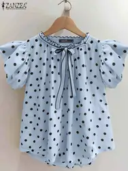 ZANZEA Women Bohemian Blouse Fashion Polka Dot Tops 2025 Summer Puff Short Sleeve Tunics Vintage Ruffice Bowtie Neck Shirts