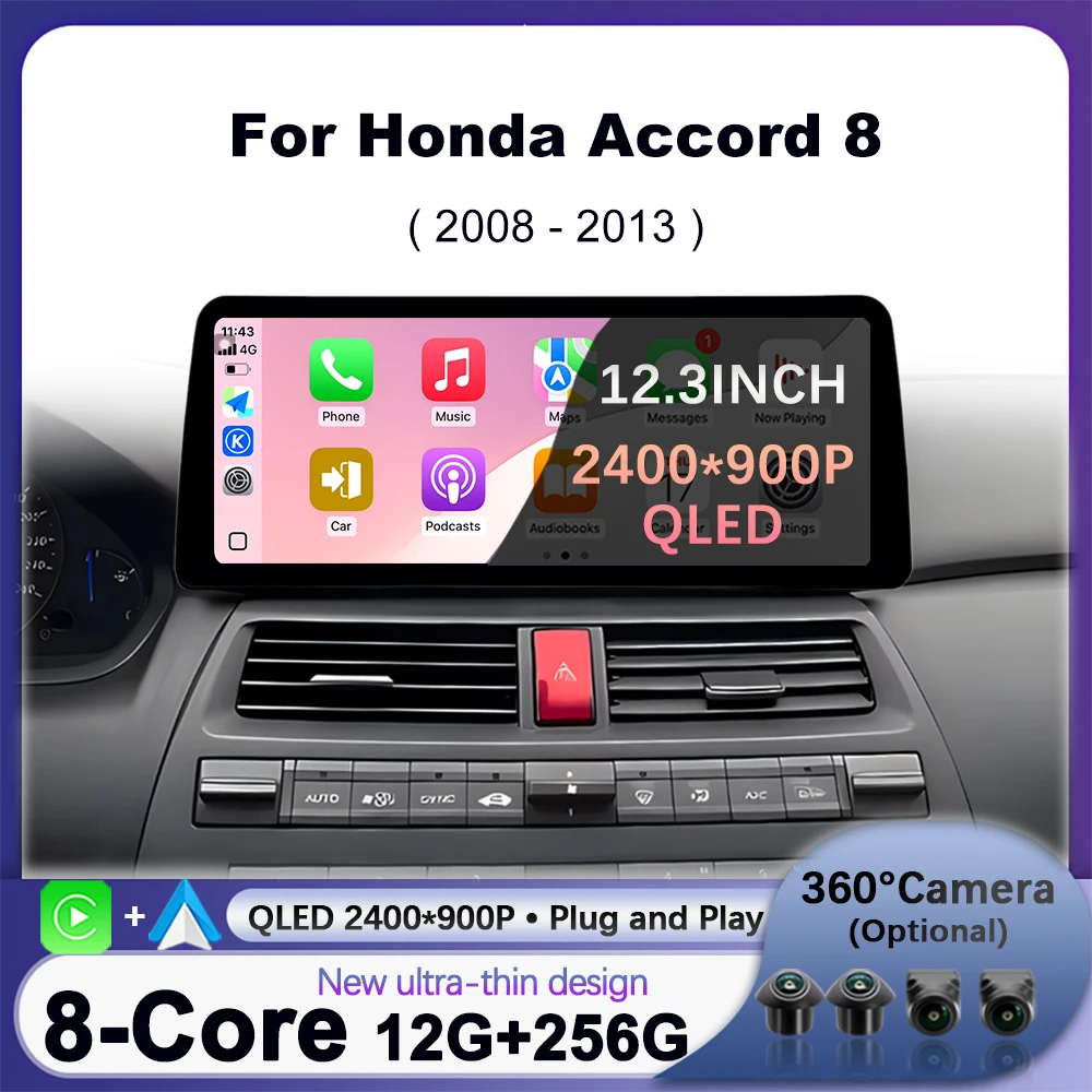 QLED 2400*900P Ultra thin Host Android 14 Car Radio Multimedia For Honda Accord 8 2008-2013 Wireless CarPlay Navigation GPS WIFI