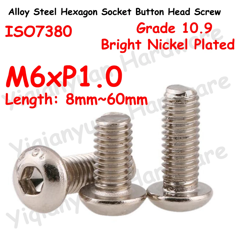 Yiqianyuan ISO7380 M6xP1.0 Grade 10.9 Alloy Steel Hexagon Socket Button Head Screws Bright Nickel Plated Allen Key Hex Bolts