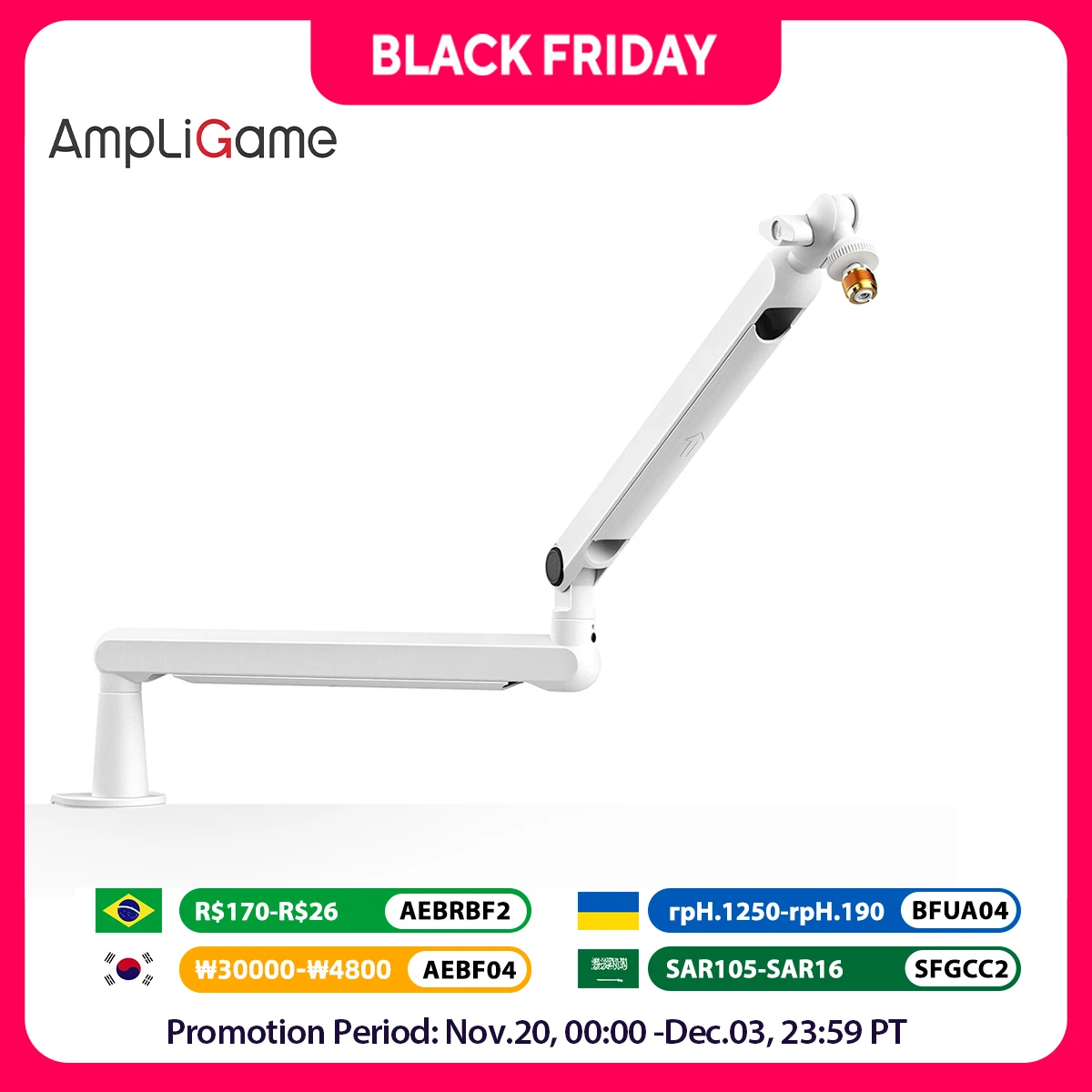 FIFINE Microphone Boom Arm, Adjustable Low Profile Mic Arm with Desk Mount Clamp,Cable Storage for Streaming Gaming-White BM88W